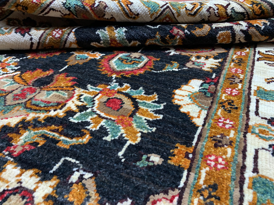 3'11" × 5'10" Hand-Knotted Wool Rug – Black Field with Ivory Border & Floral Design