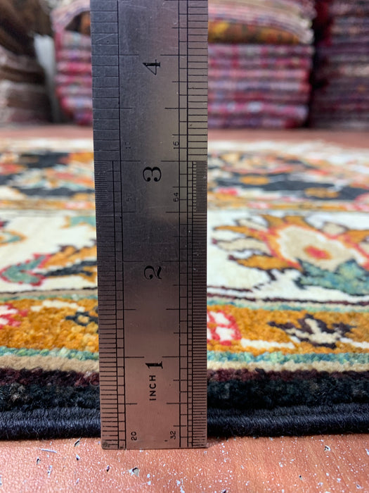 3'11" × 5'10" Hand-Knotted Wool Rug – Black Field with Ivory Border & Floral Design