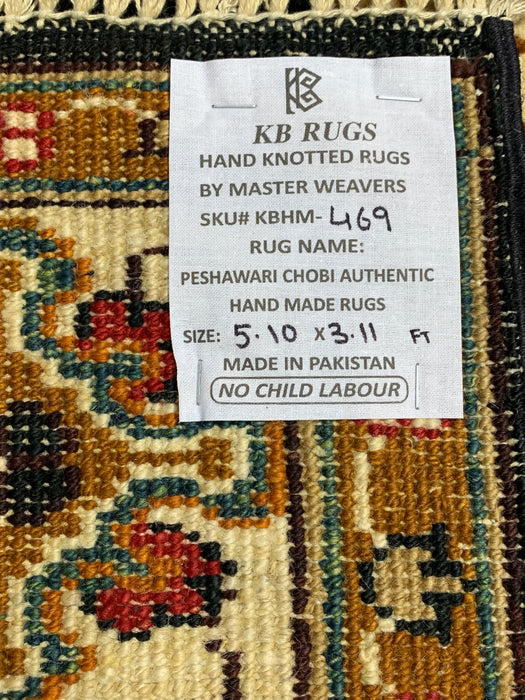 3'11" × 5'10" Hand-Knotted Wool Rug – Black Field with Ivory Border & Floral Design