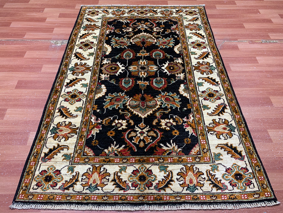 3'11" × 5'10" Hand-Knotted Wool Rug – Black Field with Ivory Border & Floral Design