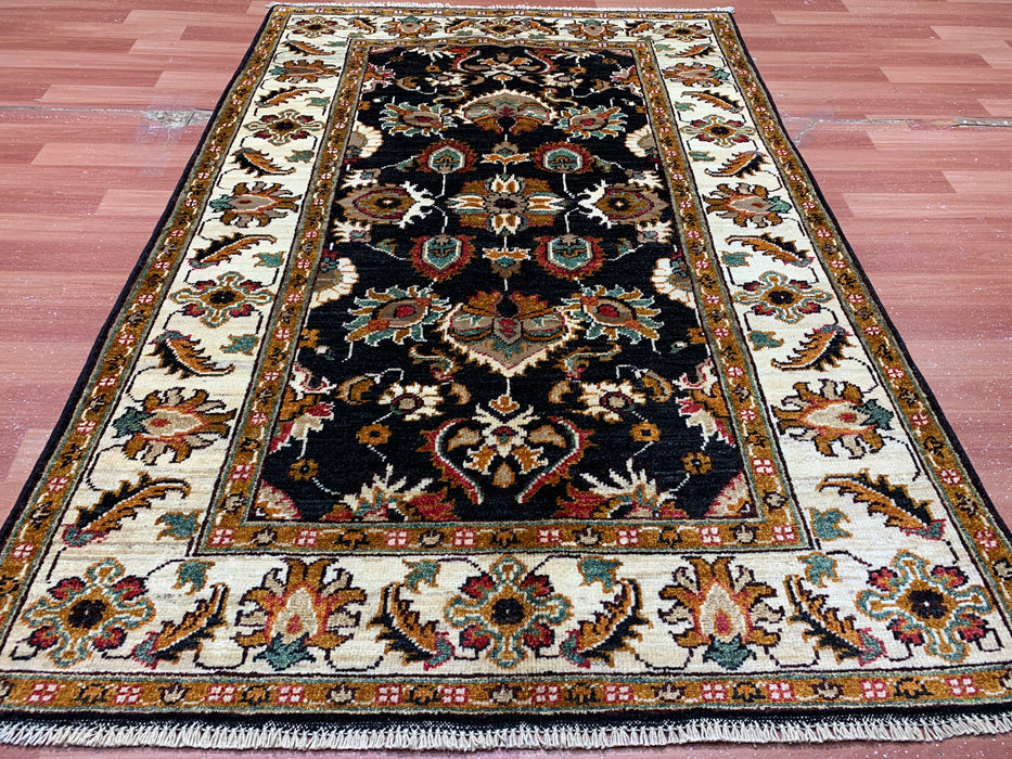 3'11" × 5'10" Hand-Knotted Wool Rug – Black Field with Ivory Border & Floral Design