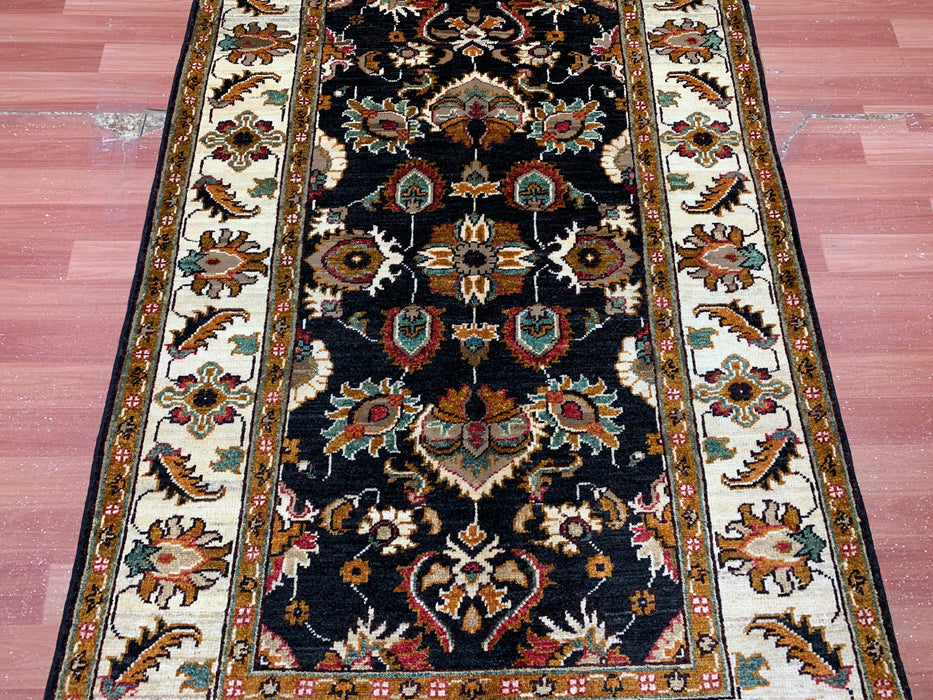 3'11" × 5'10" Hand-Knotted Wool Rug – Black Field with Ivory Border & Floral Design