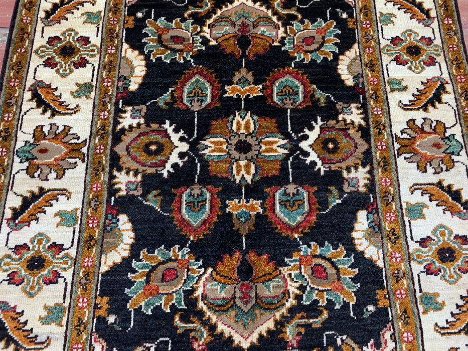 3'11" × 5'10" Hand-Knotted Wool Rug – Black Field with Ivory Border & Floral Design