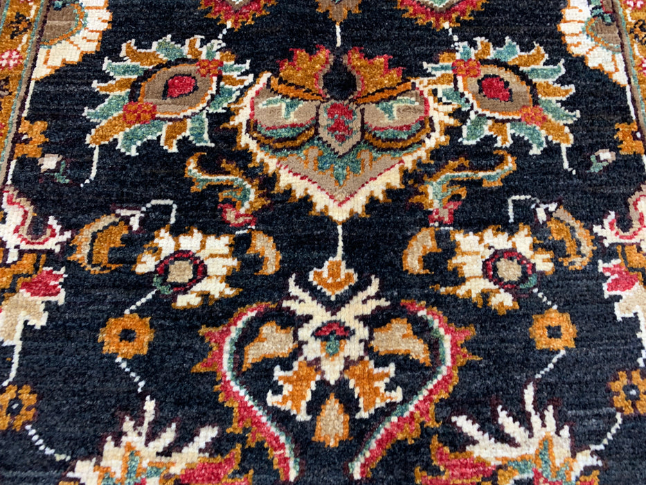 3'11" × 5'10" Hand-Knotted Wool Rug – Black Field with Ivory Border & Floral Design