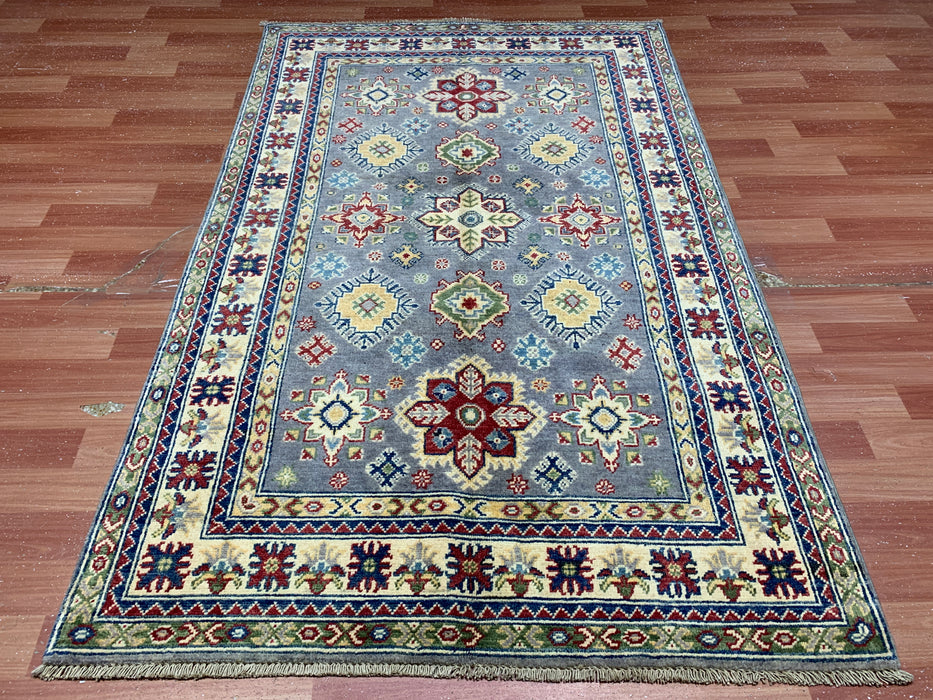 3'10" × 6'1" Hand-Knotted Wool Rug – Gray with Geometric Star Medallions