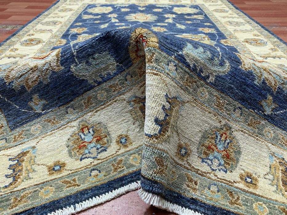 4'0" × 5'11" Hand-Knotted Wool Rug – Navy Blue with Floral Ivory Border