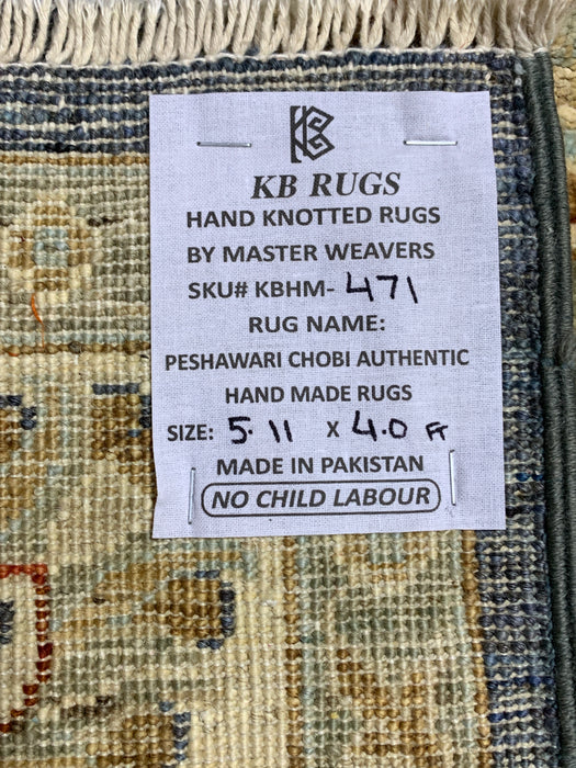 4'0" × 5'11" Hand-Knotted Wool Rug – Navy Blue with Floral Ivory Border