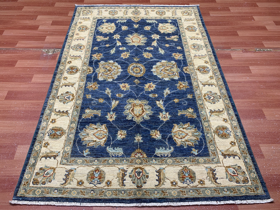 4'0" × 5'11" Hand-Knotted Wool Rug – Navy Blue with Floral Ivory Border