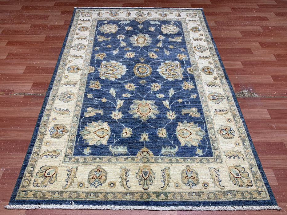 4'0" × 5'11" Hand-Knotted Wool Rug – Navy Blue with Floral Ivory Border