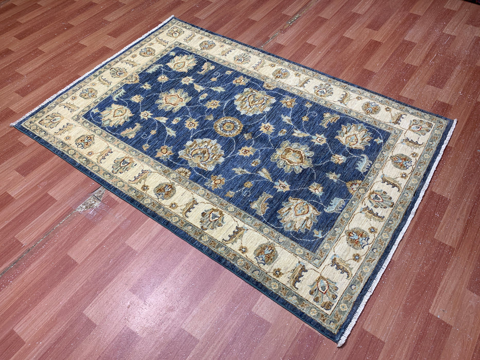 4'0" × 5'11" Hand-Knotted Wool Rug – Navy Blue with Floral Ivory Border