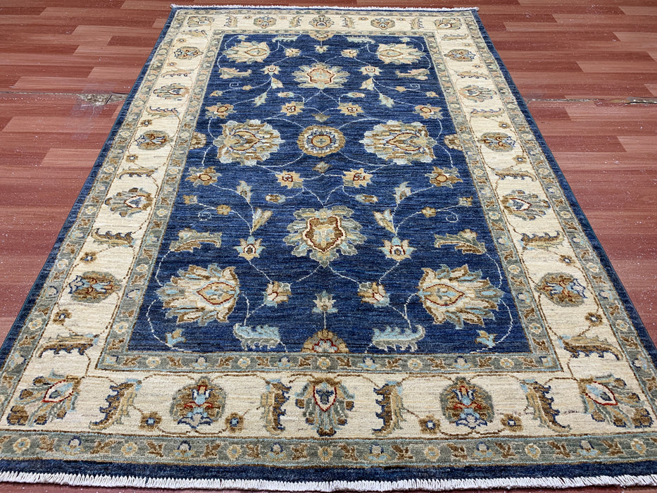 4'0" × 5'11" Hand-Knotted Wool Rug – Navy Blue with Floral Ivory Border