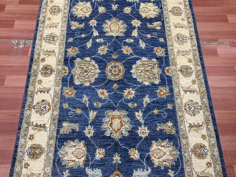 4'0" × 5'11" Hand-Knotted Wool Rug – Navy Blue with Floral Ivory Border