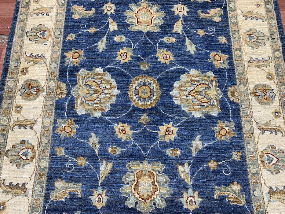 4'0" × 5'11" Hand-Knotted Wool Rug – Navy Blue with Floral Ivory Border