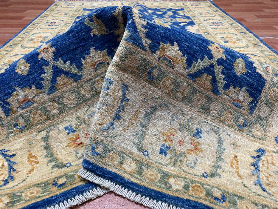 4'0" × 5'11" Hand-Knotted Wool Rug – Navy Blue with Ivory Floral Border