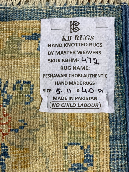 4'0" × 5'11" Hand-Knotted Wool Rug – Navy Blue with Ivory Floral Border