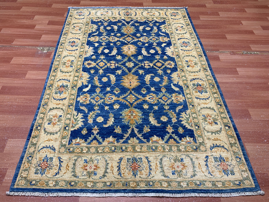 4'0" × 5'11" Hand-Knotted Wool Rug – Navy Blue with Ivory Floral Border