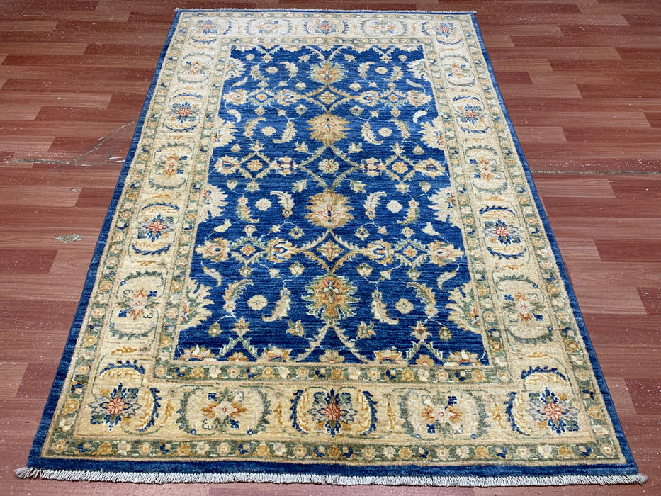 4'0" × 5'11" Hand-Knotted Wool Rug – Navy Blue with Ivory Floral Border