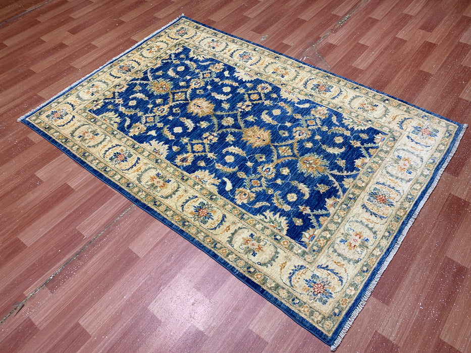 4'0" × 5'11" Hand-Knotted Wool Rug – Navy Blue with Ivory Floral Border
