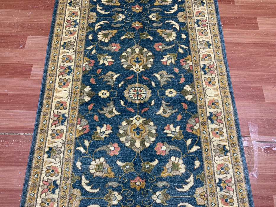 2'10" × 9'7" Hand-Knotted Wool Runner Rug – Blue with Ivory Floral Border