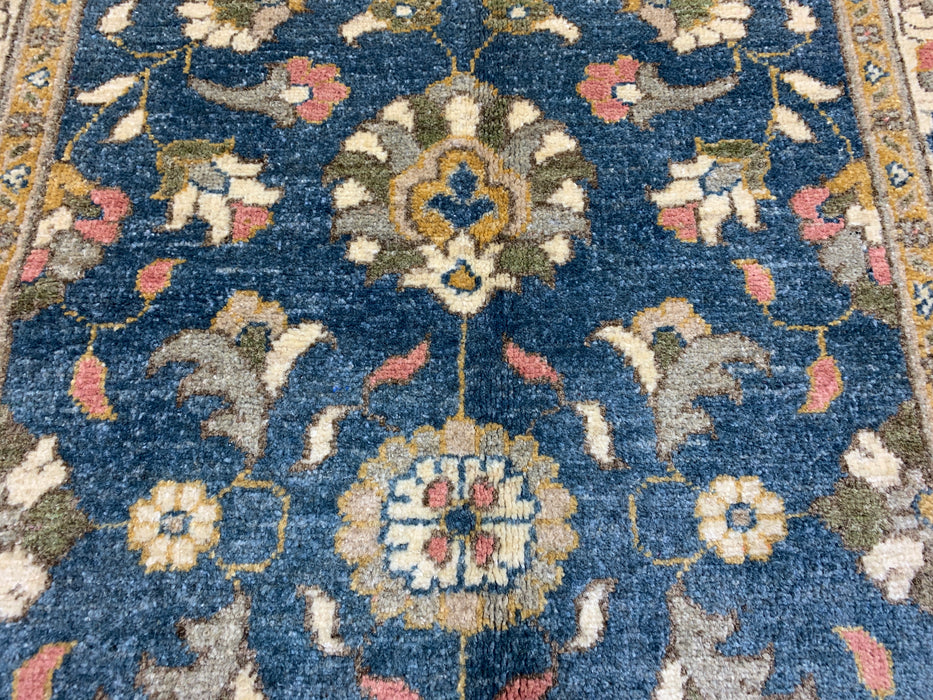 2'10" × 9'7" Hand-Knotted Wool Runner Rug – Blue with Ivory Floral Border