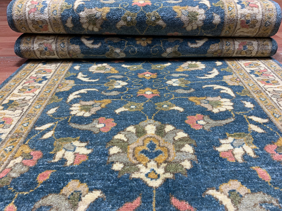 2'10" × 9'7" Hand-Knotted Wool Runner Rug – Blue with Ivory Floral Border