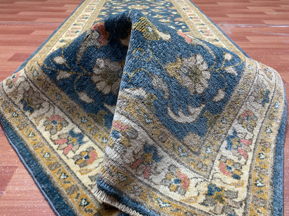 2'10" × 9'7" Hand-Knotted Wool Runner Rug – Blue with Ivory Floral Border