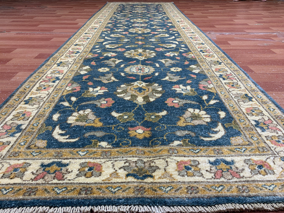 2'10" × 9'7" Hand-Knotted Wool Runner Rug – Blue with Ivory Floral Border
