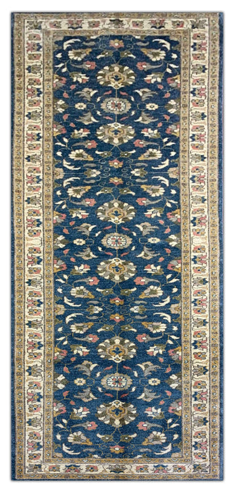 2'10" × 9'7" Hand-Knotted Wool Runner Rug – Blue with Ivory Floral Border