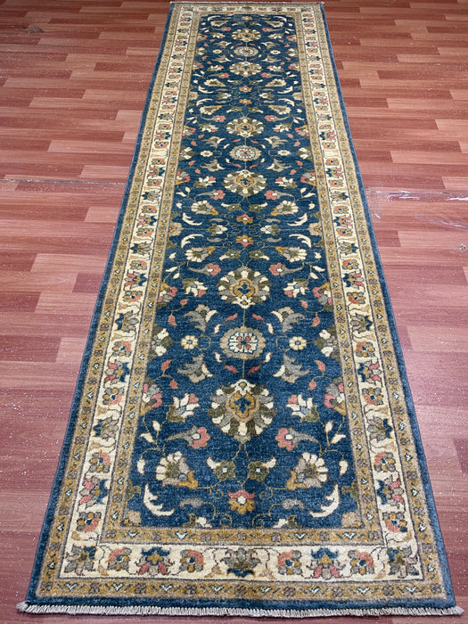 2'10" × 9'7" Hand-Knotted Wool Runner Rug – Blue with Ivory Floral Border