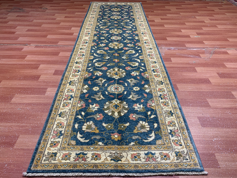 2'10" × 9'7" Hand-Knotted Wool Runner Rug – Blue with Ivory Floral Border