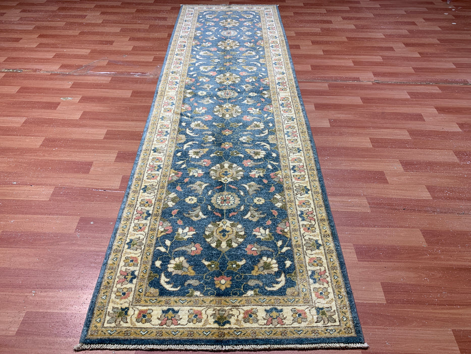 2'10" × 9'7" Hand-Knotted Wool Runner Rug – Blue with Ivory Floral Border