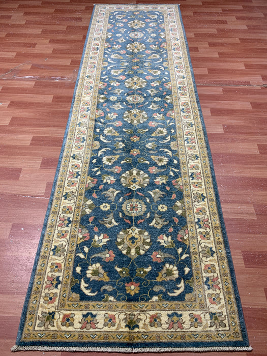 2'10" × 9'7" Hand-Knotted Wool Runner Rug – Blue with Ivory Floral Border