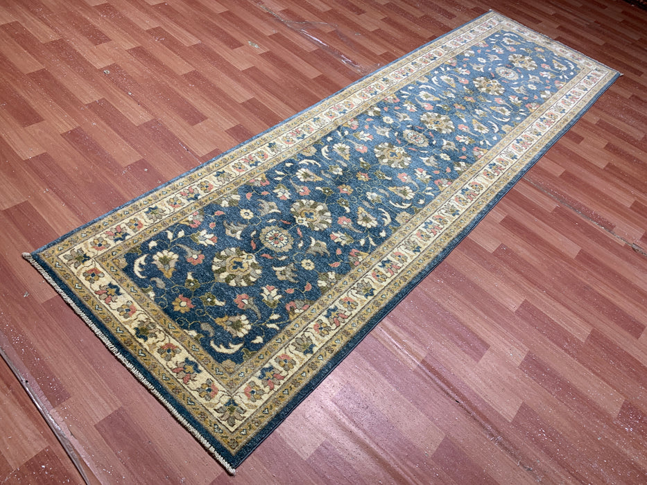 2'10" × 9'7" Hand-Knotted Wool Runner Rug – Blue with Ivory Floral Border