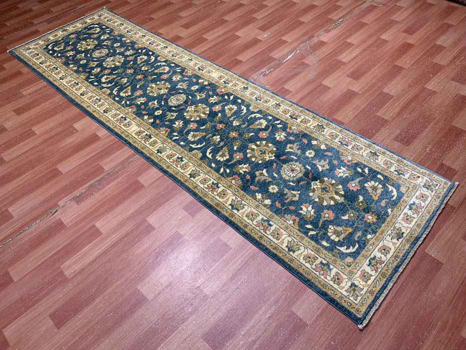 2'10" × 9'7" Hand-Knotted Wool Runner Rug – Blue with Ivory Floral Border