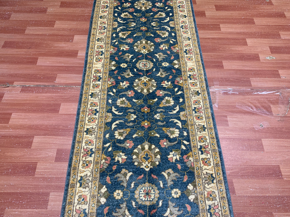 2'10" × 9'7" Hand-Knotted Wool Runner Rug – Blue with Ivory Floral Border