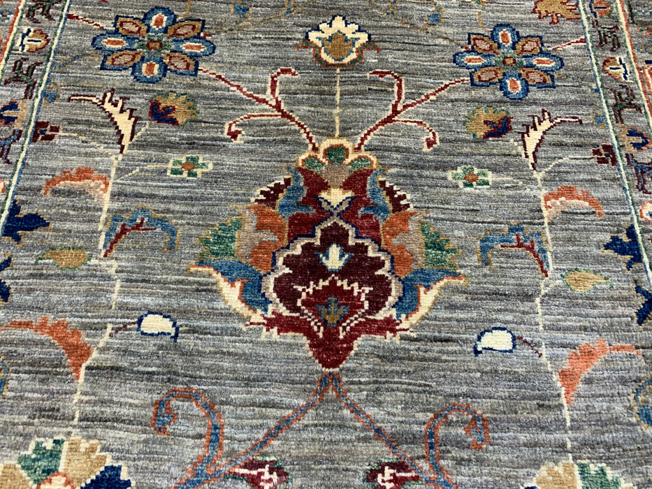 2'9" × 9'8" Hand-Knotted Wool Runner – Gray with Multicolor Floral Motifs
