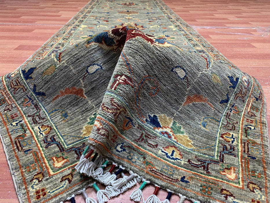 2'9" × 9'8" Hand-Knotted Wool Runner – Gray with Multicolor Floral Motifs