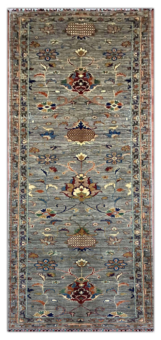 2'9" × 9'8" Hand-Knotted Wool Runner – Gray with Multicolor Floral Motifs