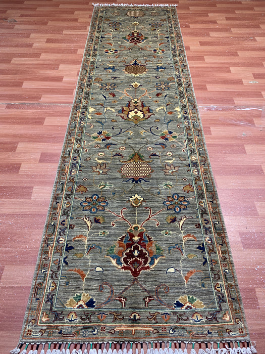 2'9" × 9'8" Hand-Knotted Wool Runner – Gray with Multicolor Floral Motifs
