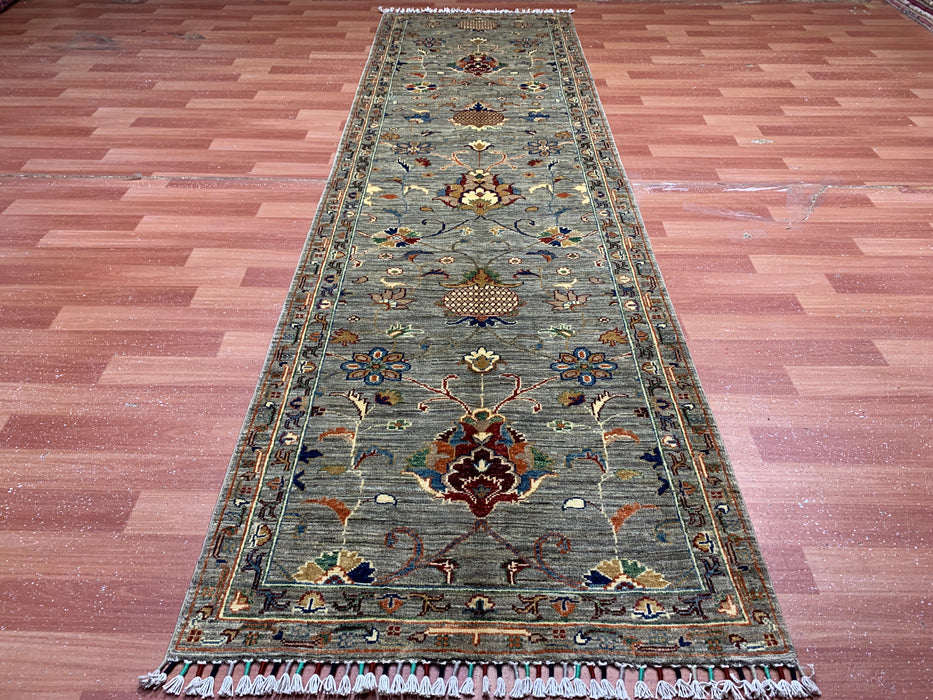 2'9" × 9'8" Hand-Knotted Wool Runner – Gray with Multicolor Floral Motifs