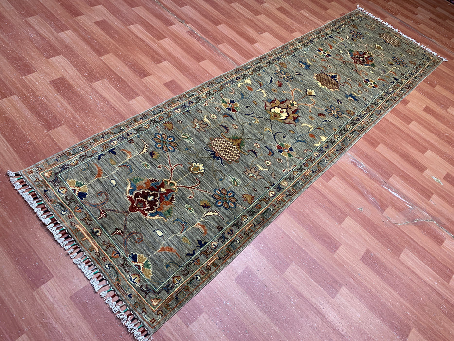 2'9" × 9'8" Hand-Knotted Wool Runner – Gray with Multicolor Floral Motifs