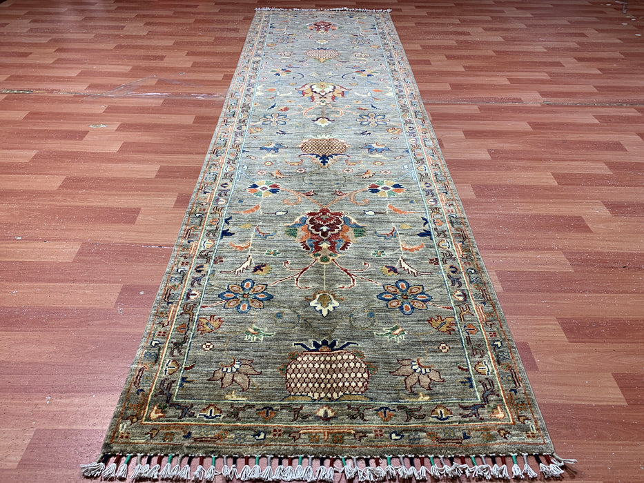 2'9" × 9'8" Hand-Knotted Wool Runner – Gray with Multicolor Floral Motifs