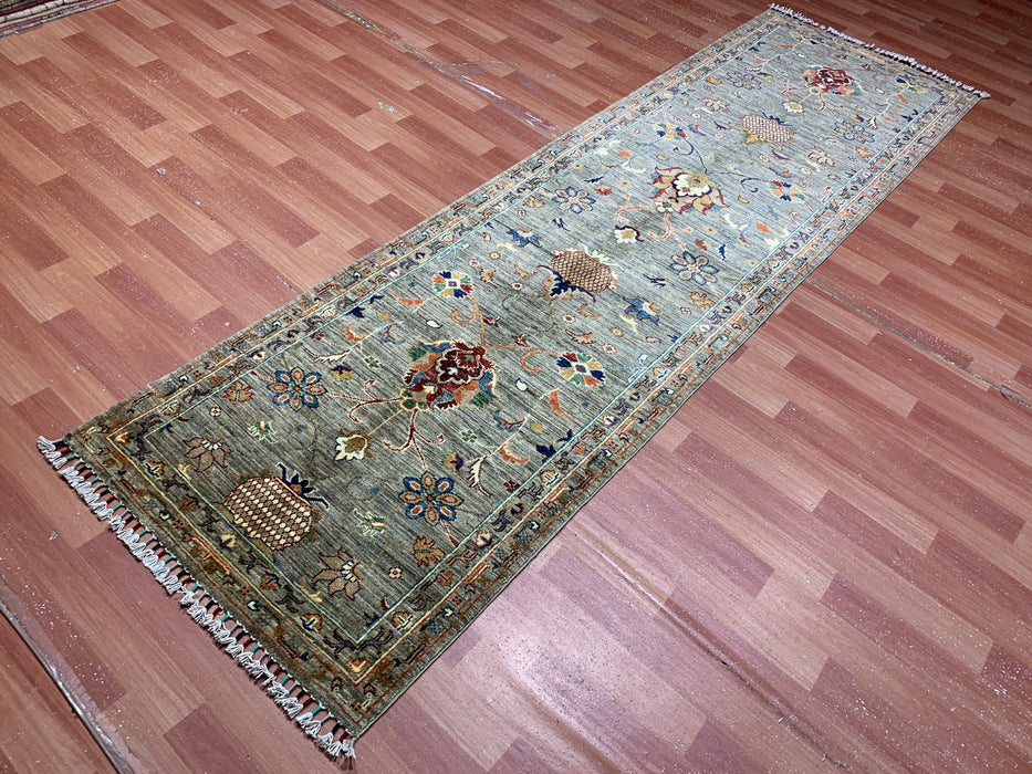 2'9" × 9'8" Hand-Knotted Wool Runner – Gray with Multicolor Floral Motifs