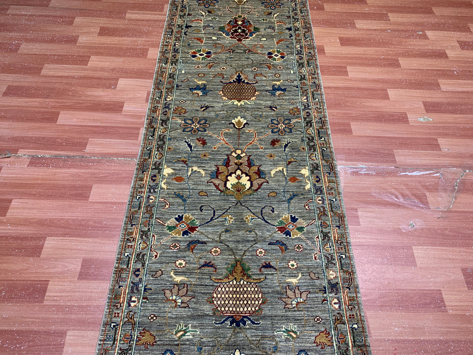 2'9" × 9'8" Hand-Knotted Wool Runner – Gray with Multicolor Floral Motifs