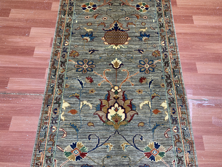 2'9" × 9'8" Hand-Knotted Wool Runner – Gray with Multicolor Floral Motifs