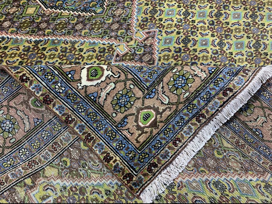 6’6” × 9’4” Hand-Knotted Wool Rug – Olive Green with Blue & Taupe Accents