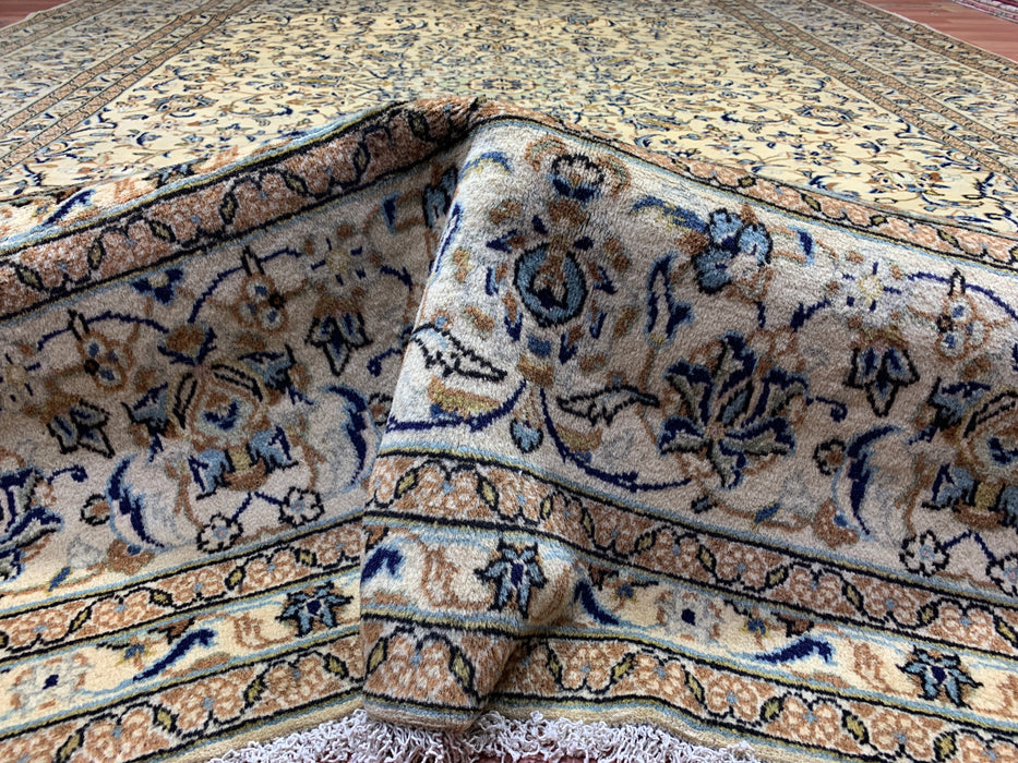 9'6" × 13'5" Hand-Knotted Wool Rug – Persian Kashan Floral Ivory & Blue