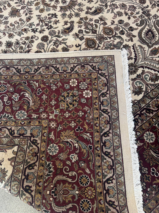 Hand-Knotted Wool Area Rug – Ivory Floral with Deep Brown Border – 10' x 14'