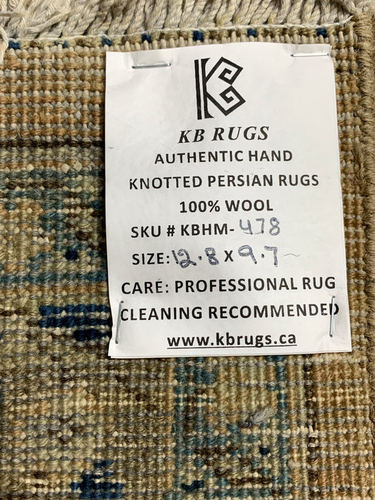 9'7" × 12'8" Hand-Knotted Persian Kashan Wool Rug – Gold Field with Blue Floral Medallion Design