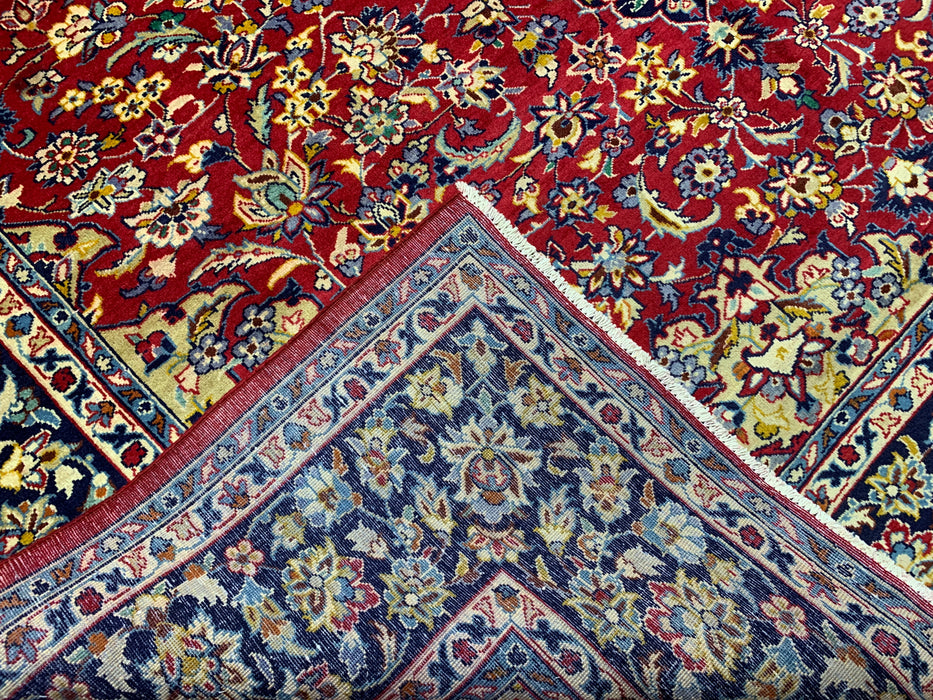 9'10" × 13'1" Hand-Knotted Wool Rug – Persian Red with Navy Floral Border